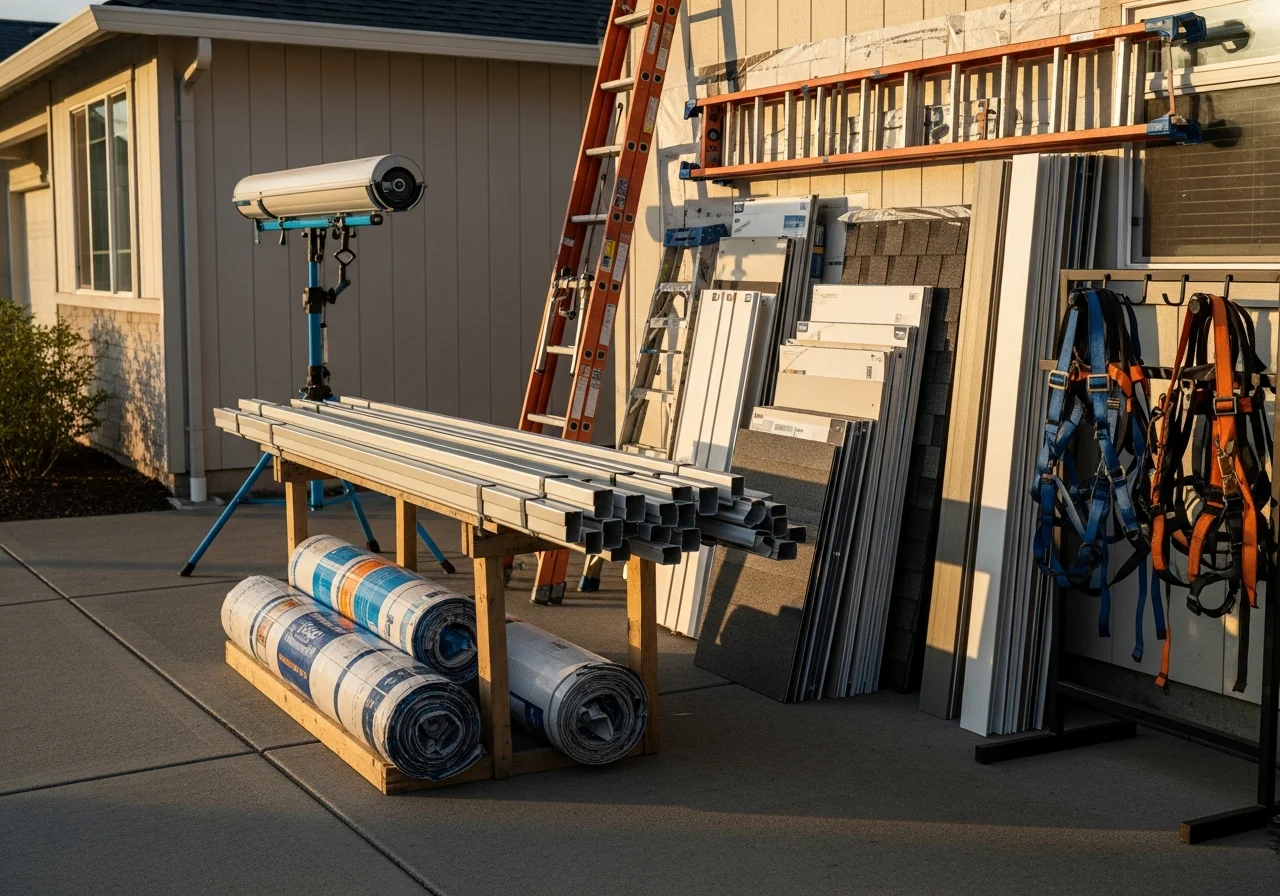 Exterior contractor tools and materials staged on a residential property, showing gutter systems, roofing supplies, and siding samples ready for installation.