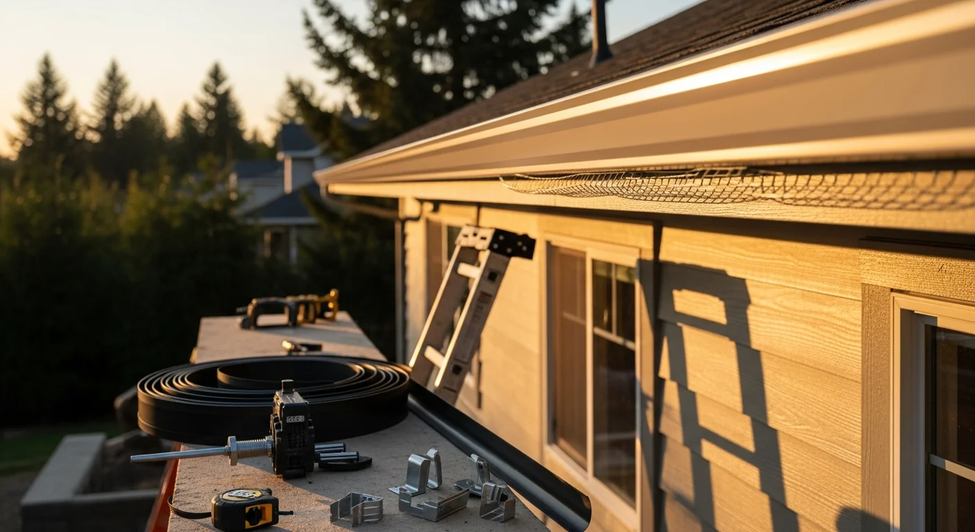 Seamless gutter system installed along roofline of residential home
