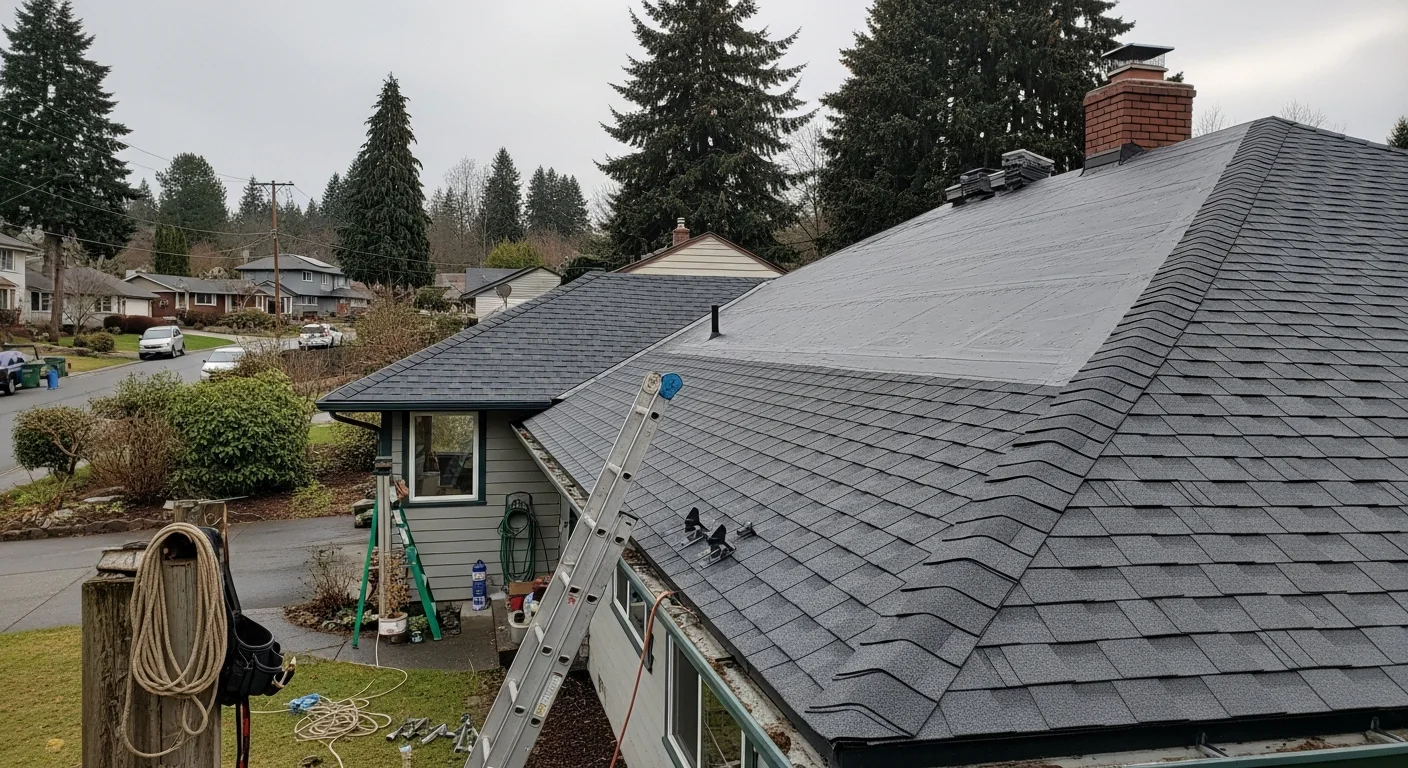 Professional roofer installing new shingles on residential home in Spokane