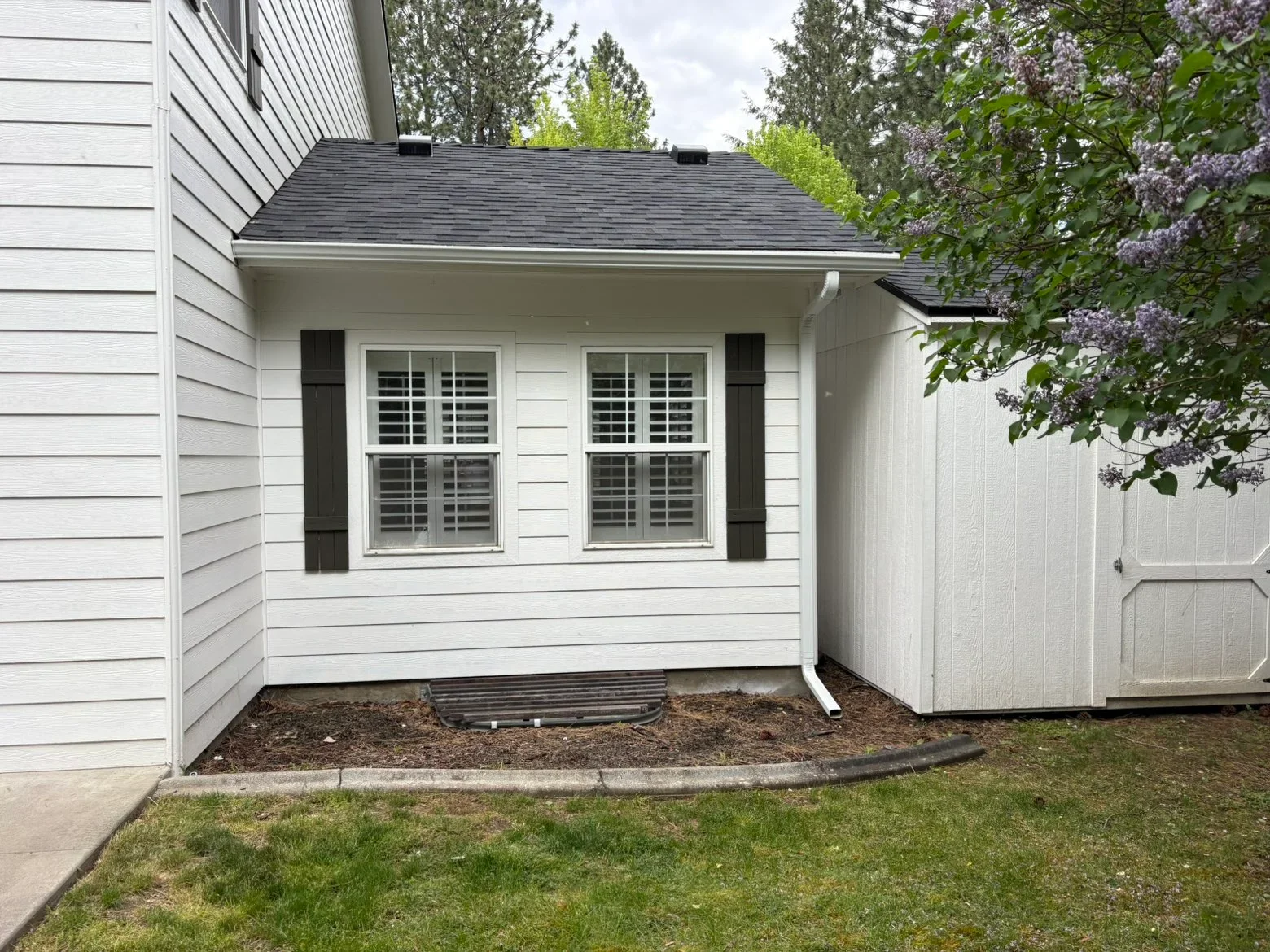 Charcoal gray architectural shingle roof on white-sided home with black shutters and gutters