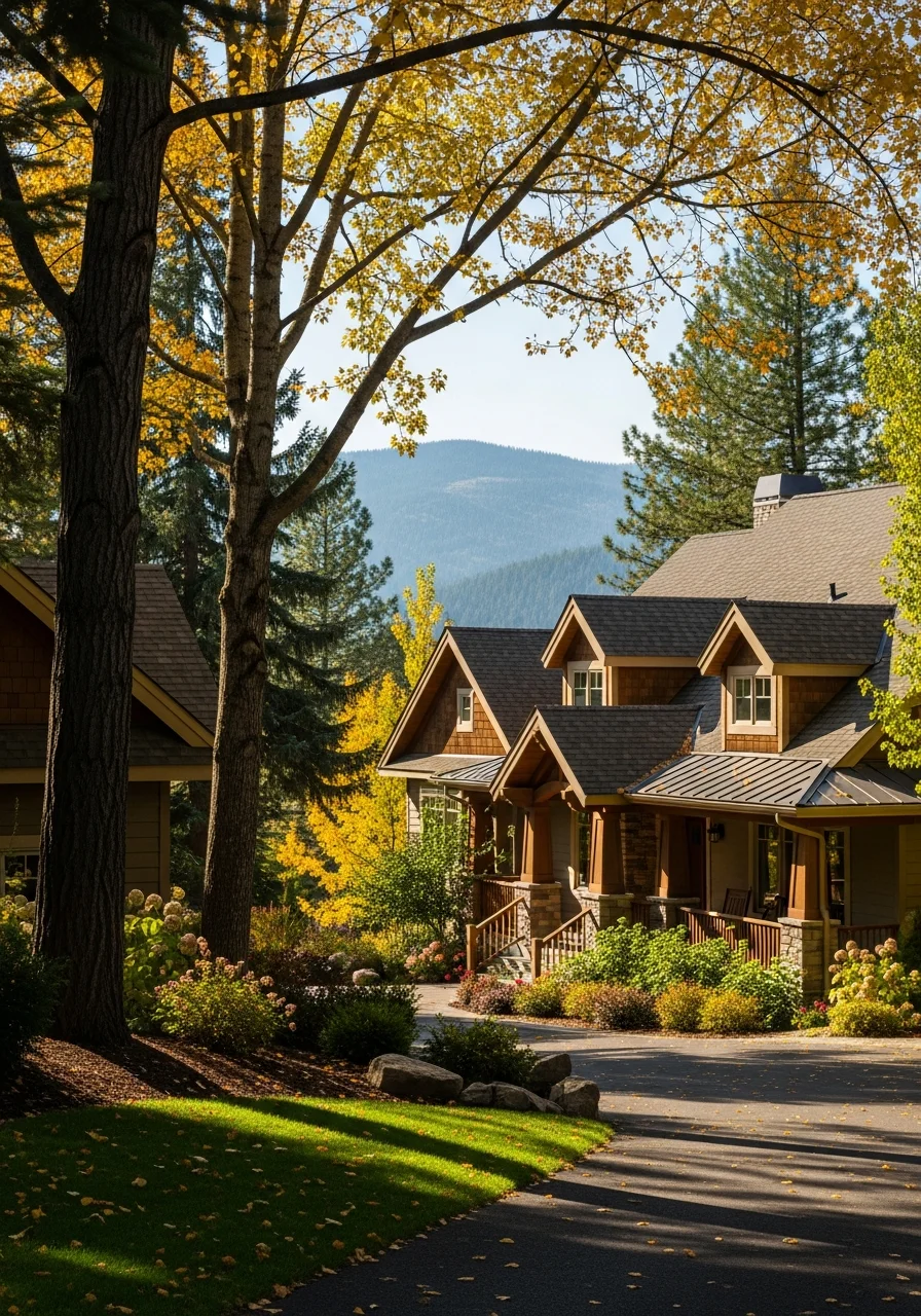 Hillside residential property in North Idaho with mature trees and mountain views.