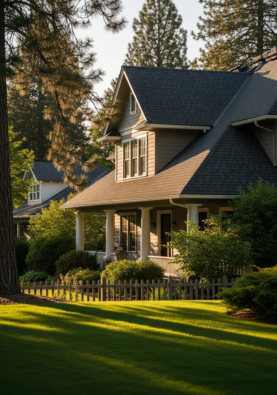 Residential street in Spokane with well-maintained homes and mature landscaping.