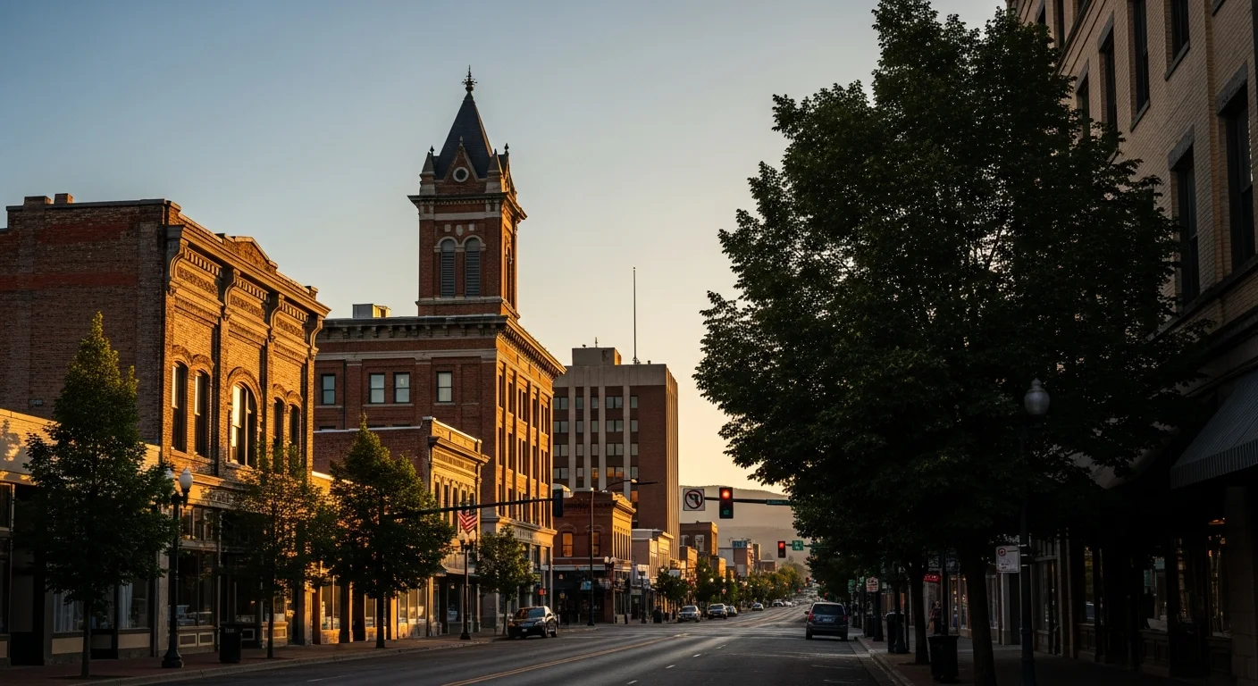 Spokane downtown skyline with historic buildings and tree-lined streets in the foreground.