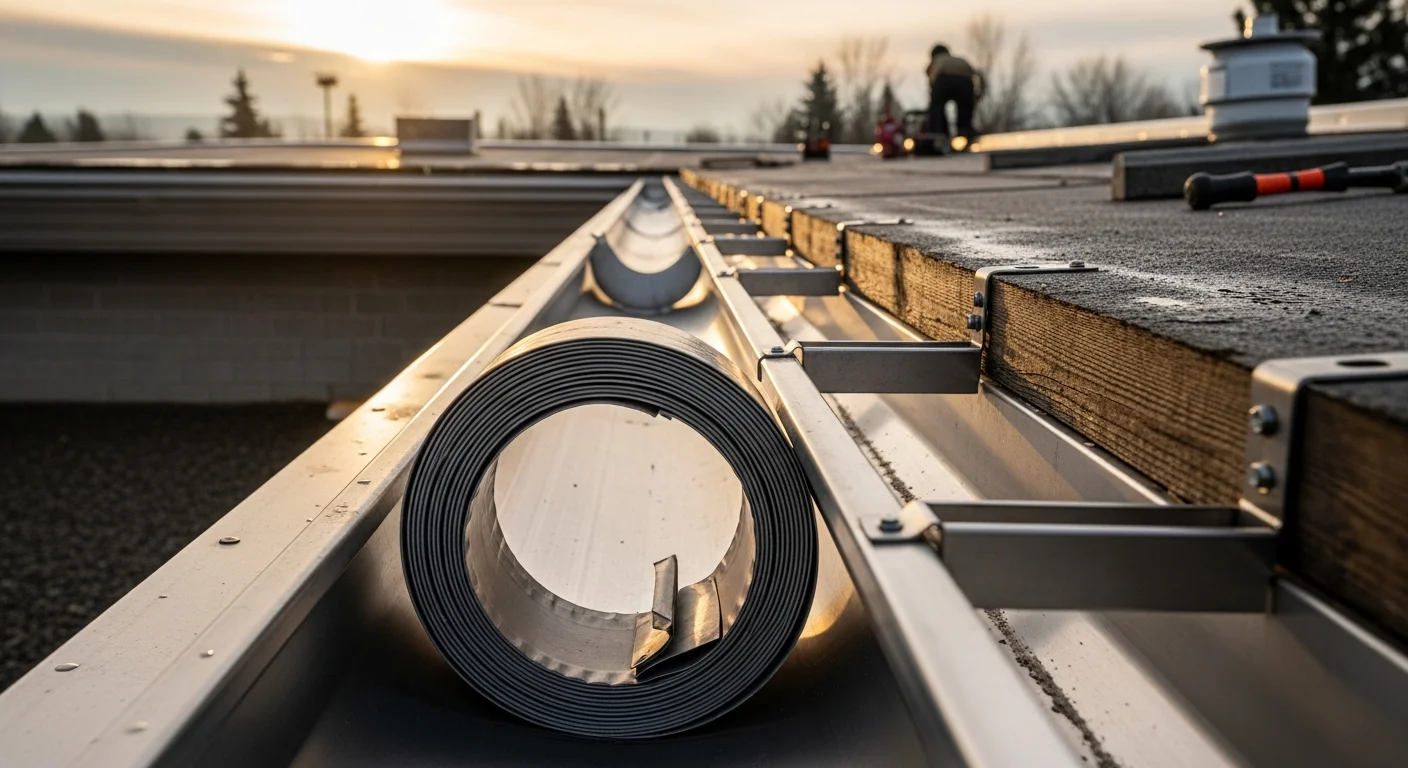 A completed commercial gutter installation on a large flat-roof building in Spokane, Washington, showing heavy-duty downspouts and reinforced gutter channels along the roofline. The system directs water away from the building's foundation across a paved commercial lot.