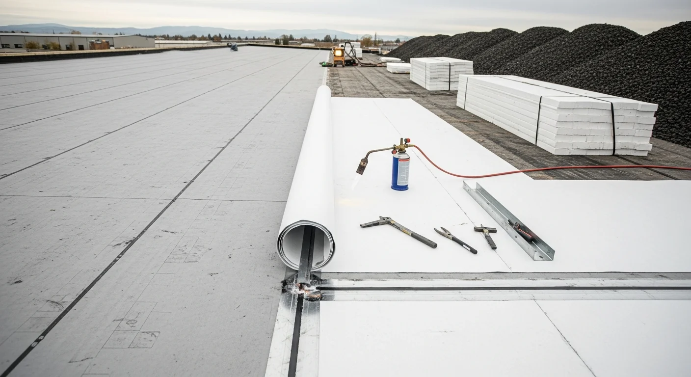 A completed commercial roof replacement on a flat-roofed building in Spokane, Washington, showing a clean single-ply membrane system with finished edges and roof drains. The surrounding Eastern Washington landscape is visible in the background.