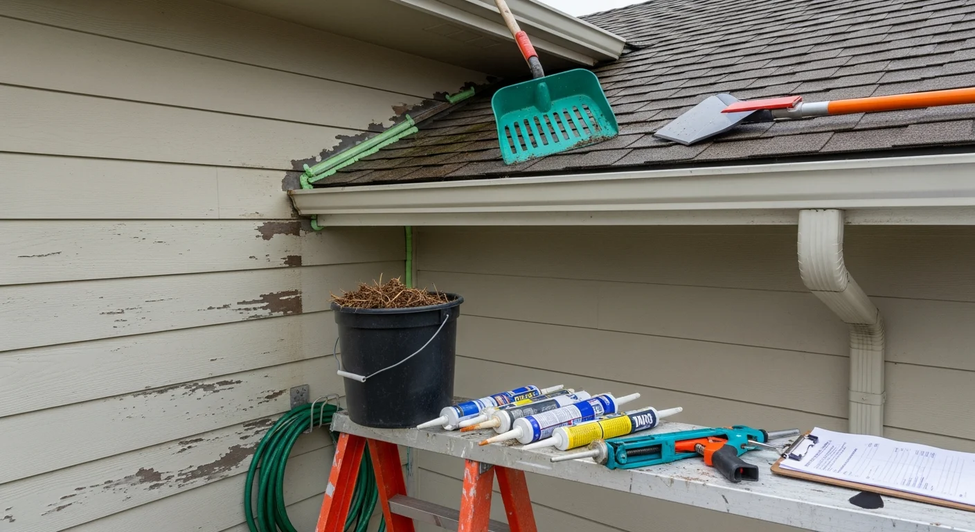 A Proflow Exteriors crew member inspecting the siding and gutter line of a single-family home in Spokane, Washington during a scheduled exterior maintenance visit. The home's exterior shows clean fascia and intact caulk seams consistent with regular upkeep in a Pacific Northwest climate.