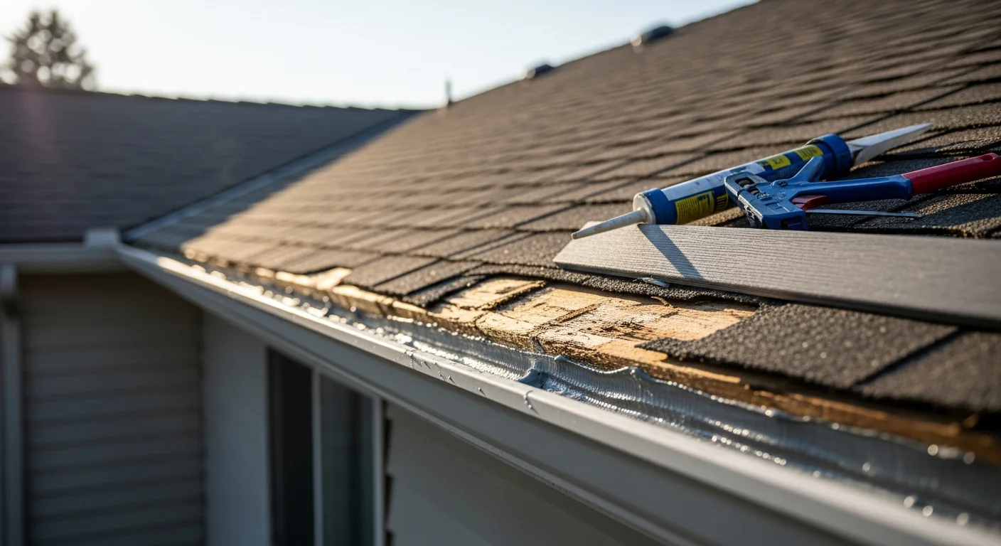 Freshly replaced white fascia boards along the roofline of a single-story Spokane home, with clean gutter attachment and no visible rot or gaps. The finished roofline shows consistent trim alignment against the home's existing siding.