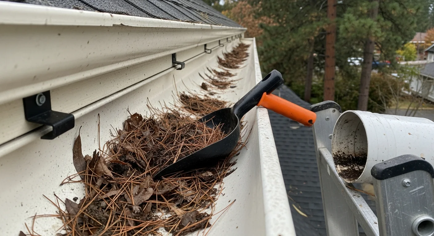 A Proflow Exteriors technician clearing compacted pine needle and leaf debris from a residential gutter on a single-story Spokane home. Clean downspouts and an empty trough are visible after the service is complete.