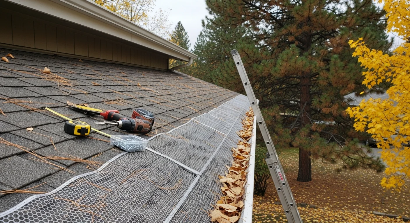 A Spokane home with newly installed gutter guards running along the roofline, with surrounding pine and deciduous trees visible. Close-up view shows the guard mesh fitted flush against the gutter channel, keeping debris out while allowing water flow.