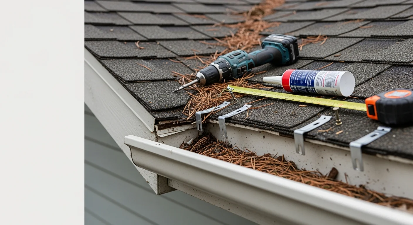 A Proflow Exteriors technician re-securing a sagging gutter section on a Spokane residential home, with snow-dusted roofing visible in the background. The repaired gutter run shows correctly pitched alignment along the fascia board.