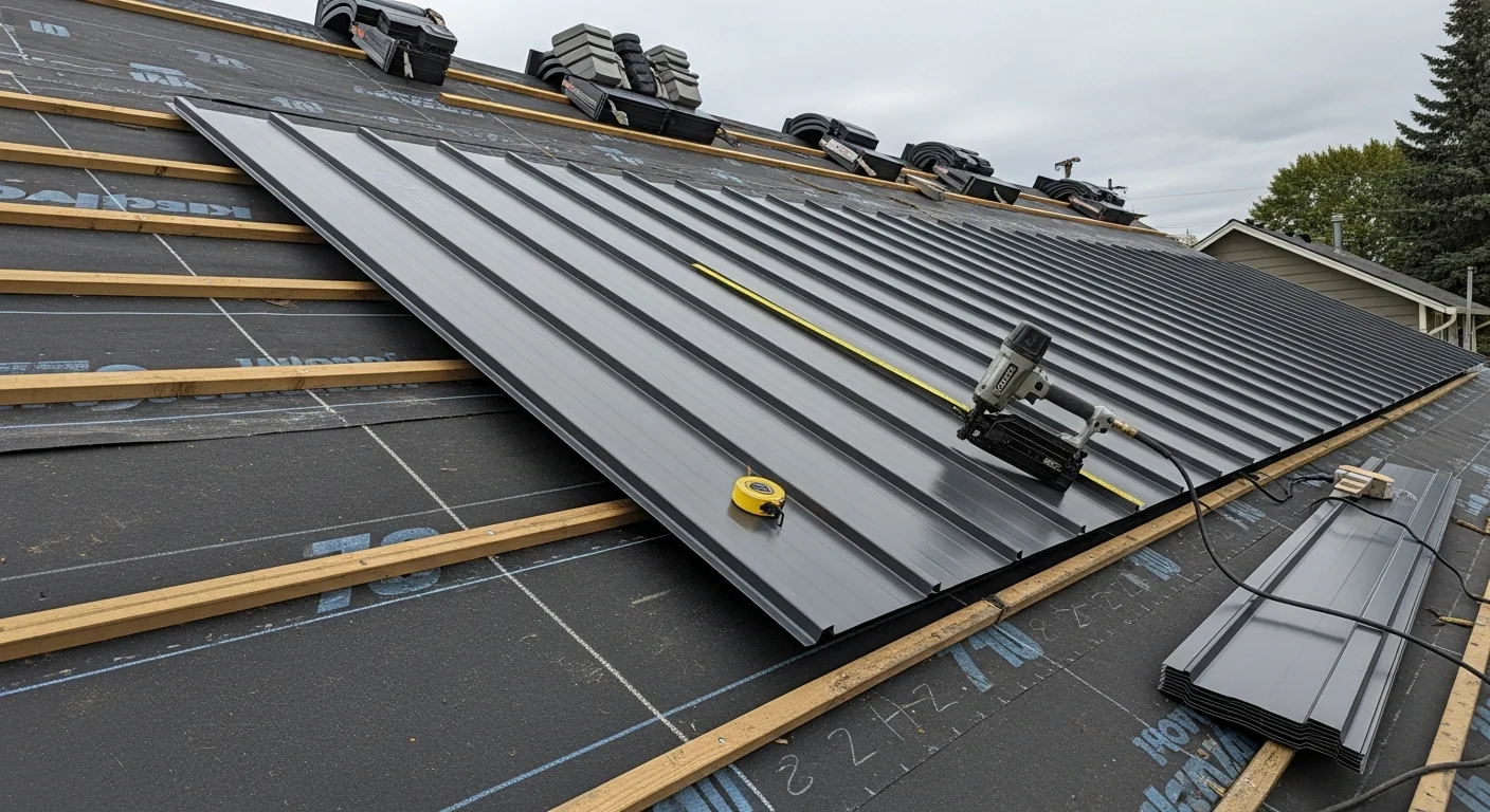 Completed standing seam metal roof installation on a residential home in Spokane, Washington, showing clean panel lines and finished eave and ridge detail. Snow-ready slope and uniform panel alignment visible against a clear Eastern Washington sky.