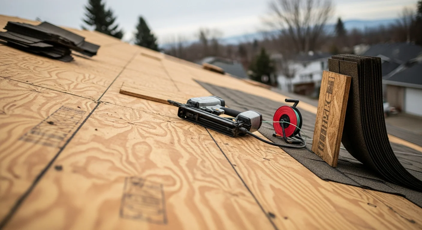 A completed residential roof replacement on a single-story Spokane home, showing new shingles installed across a clean roof deck with updated flashing along the ridge and eaves. The surrounding yard is clear of debris, with the finished roof visible against a clear Eastern Washington sky.