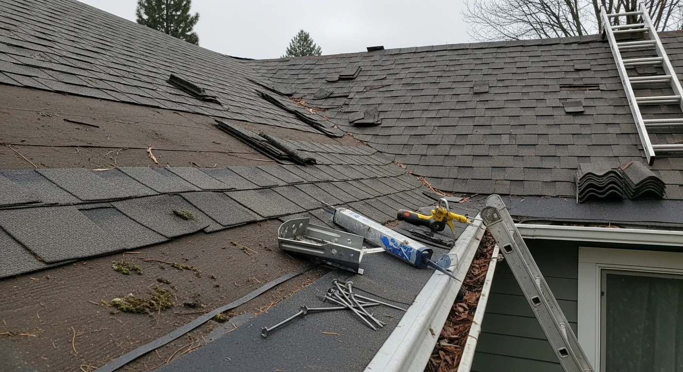 A Spokane residential roof with repaired shingles and resealed flashing around a chimney, showing completed repair work on a pitched roof typical of Inland Northwest homes. Close-up view highlights replaced shingle sections against an overcast Spokane sky.
