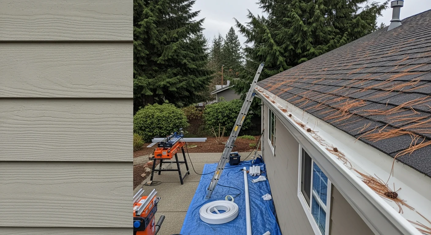 A freshly installed seamless aluminum gutter running along the roofline of a residential home in Spokane, Washington. The continuous gutter profile follows the fascia board with no visible mid-run seams, and a downspout extends down the exterior wall toward a splash block at ground level.