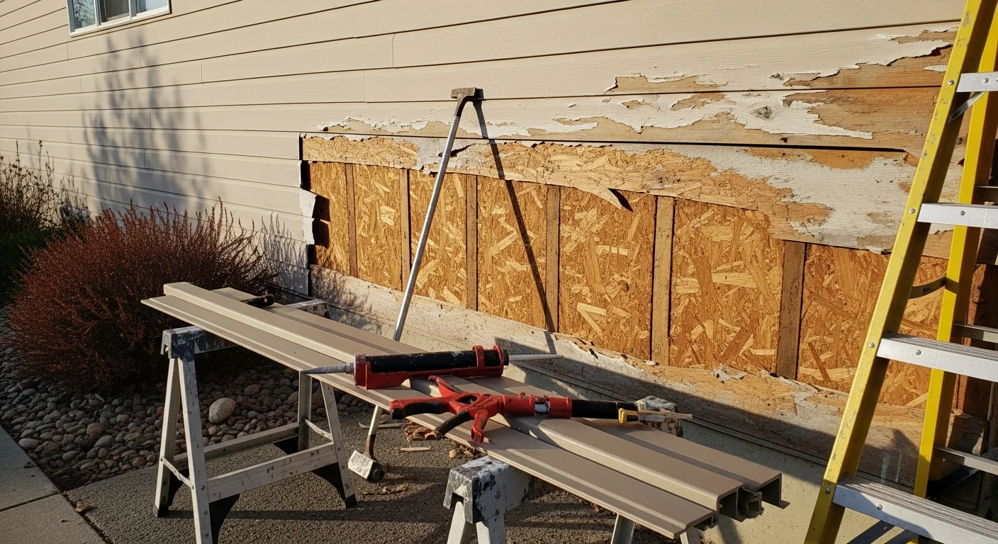 A Proflow Exteriors crew member repairing cracked and warped siding panels on a residential home in Spokane, Washington. Repaired section shows clean, flush panels matched to the surrounding exterior wall.