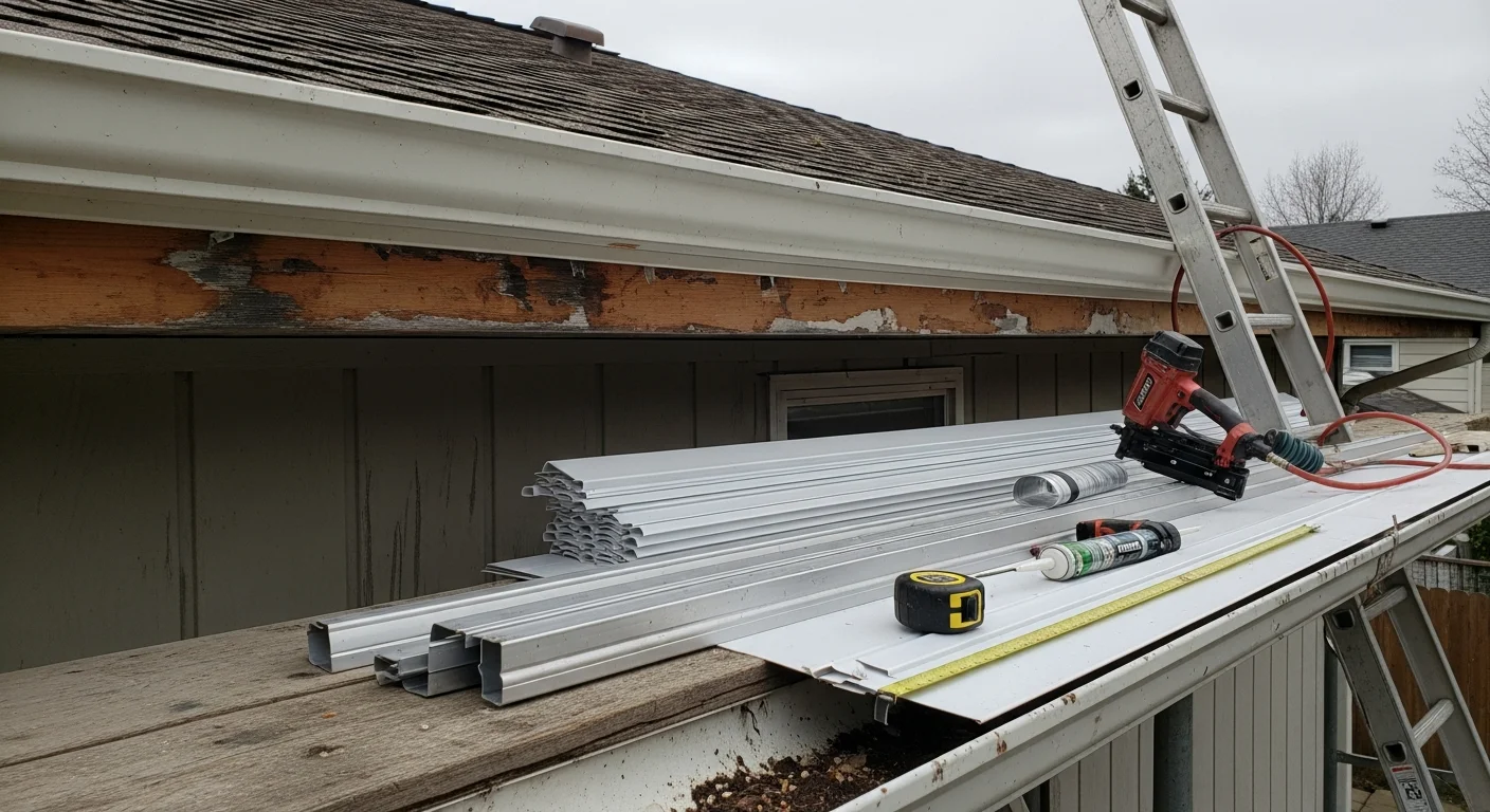 Close-up view of freshly installed soffit panels along the roofline of a Spokane residential home, showing clean panel seams and sealed eave edges. The surrounding exterior siding and gutters are visible, with no signs of rot, sagging, or pest damage.